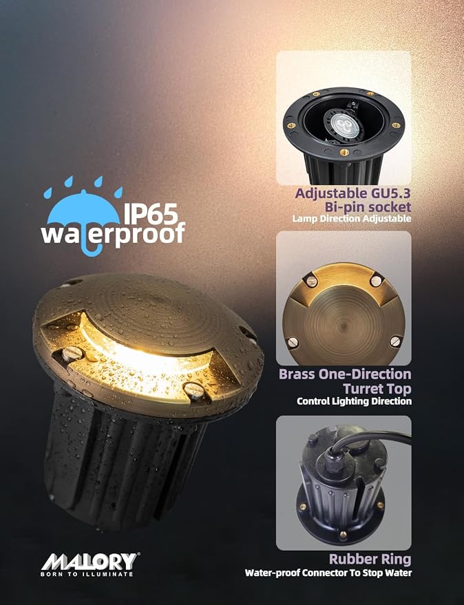 MALORY Brass Top Cover Landscape Well Lights,（φ126 mm 12V Low Voltage Outdoor In Ground Lights,5W Landscape Lighting for Pathway, Driveway and Garden (One-Direction Turret, 10-Pack with Bulb)