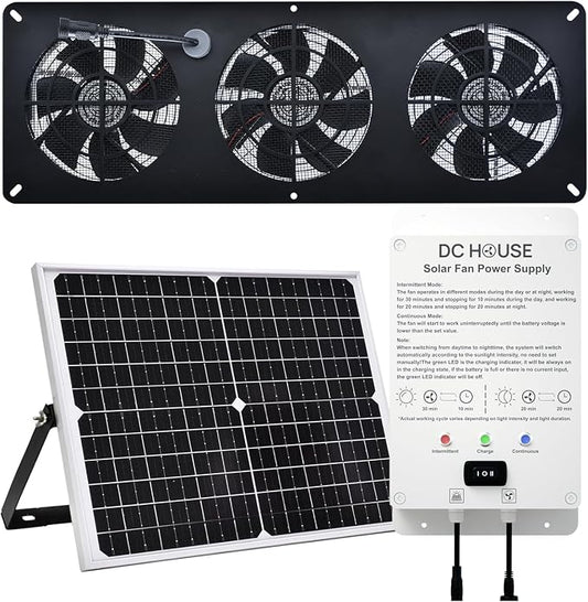 25W Solar Powered Exhaust Fan Kit with 12000mAh Lithium Battery Ideal for Chicken Coops Greenhouses Attics and Sheds 2600RPM 10ft Cord IP67 Waterproof Black