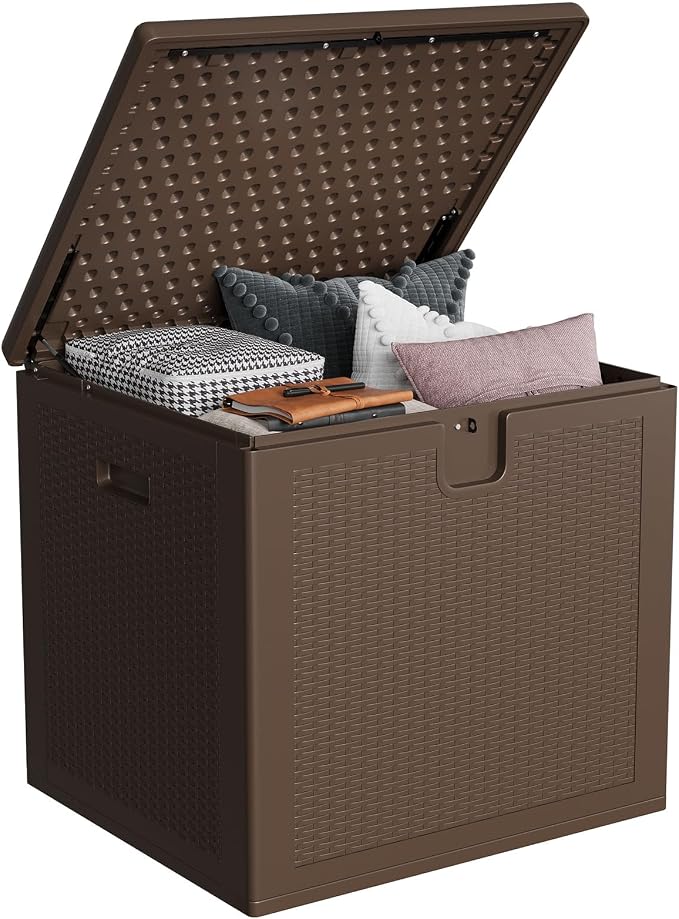 IDEALHOUSE 80 Gallon Resin Deck Box, Waterproof Outdoor Storage Box with Lockable Lid & UV Resistant, Patio Furniture Cushion Storage Container for Garden, Backyard, Poolside (Brown)