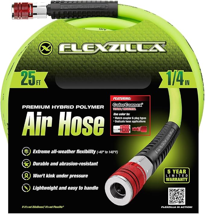 Flexzilla Air Hose with ColorConnex Industrial Type D Coupler and Plug, 1/4 in. x 25 ft., Heavy Duty, Lightweight, Hybrid, ZillaGreen - HFZ1425YW2-D