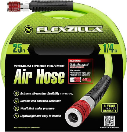 Flexzilla Air Hose with ColorConnex Industrial Type D Coupler and Plug, 1/4 in. x 25 ft., Heavy Duty, Lightweight, Hybrid, ZillaGreen - HFZ1425YW2-D
