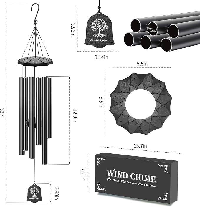 6 Tubes 32" Wind Chimes for Outside, Blessing Decor Wind Chimes, Outdoor Patio Yard Garden Decoration, Perfect Retirement Mothers Day Birthday Gift for Mom, Women, Grandma, Neighbors Black
