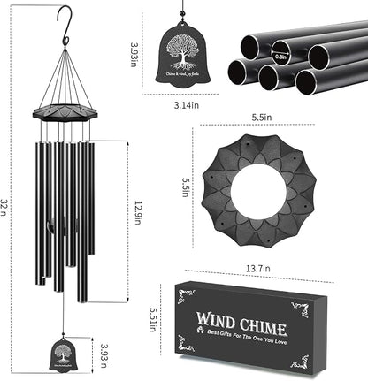 6 Tubes 32" Wind Chimes for Outside, Blessing Decor Wind Chimes, Outdoor Patio Yard Garden Decoration, Perfect Retirement Mothers Day Birthday Gift for Mom, Women, Grandma, Neighbors Black