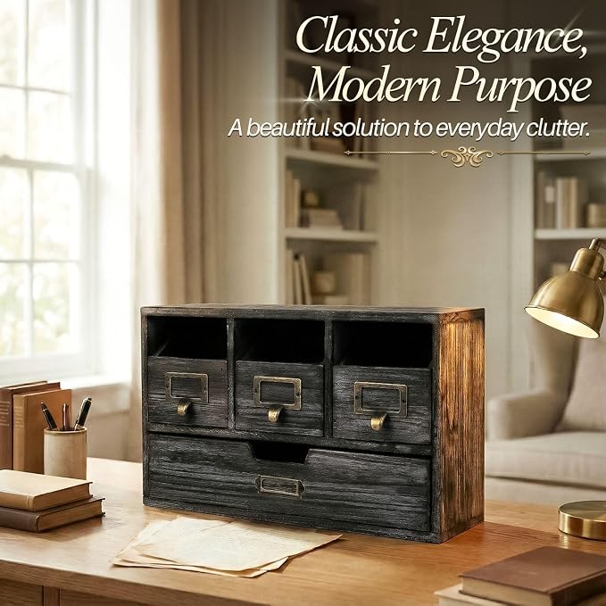 Flexzion Apothecary Cabinet with 4 Drawers - Vintage Rustic Wood Desktop Organizer for Home & Office Supplies - Tabletop Wooden Storage for Catalog, Card, Jewelry, Makeup, Craft & Tools