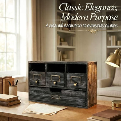 Flexzion Apothecary Cabinet with 4 Drawers - Vintage Rustic Wood Desktop Organizer for Home & Office Supplies - Tabletop Wooden Storage for Catalog, Card, Jewelry, Makeup, Craft & Tools
