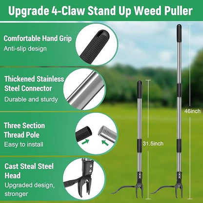 GOXAWEE Stand Up Weed Puller Tool, 4-Claw with Adjustable 46” Handle | Remove Weeds Without Bending, Pulling or Kneeling