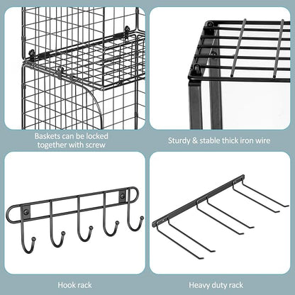 ThreeHio Garage Shelf Wall Mounted with Wire baskets, Heavy Duty Garage Wall Shelving with Garden Tool Rack and Hooks, Wire Shelf Baskets Tool Organizer for Home Garden Yard Organization and Storage