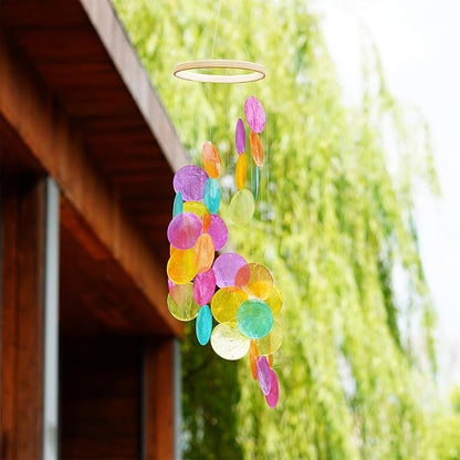 YU FENG 19.6 Inch Capiz Seashell Wind Chimes, Coastal Garden Decor | Hand Painted Metal Mobile, Rainbow Shell Design, Outdoor Hanging Ornament, Patio Yard Home Window Decoration