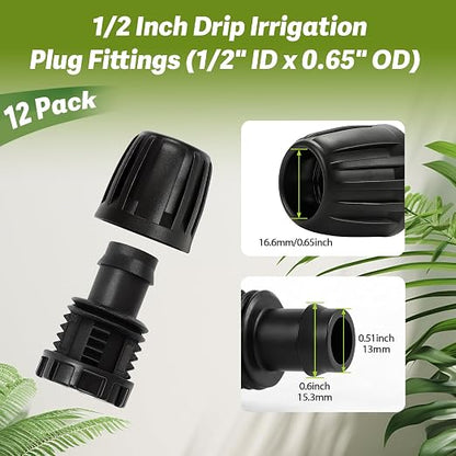12 Pack 1/2 Inch Drip Irrigation End Plug Fittings (1/2" ID x 0.6-0.65" OD), 1/2'' Dripline Barbed End Cap Connectors with Anti-Drop Lock Nuts for Garden Lawn Irrigation System Connection