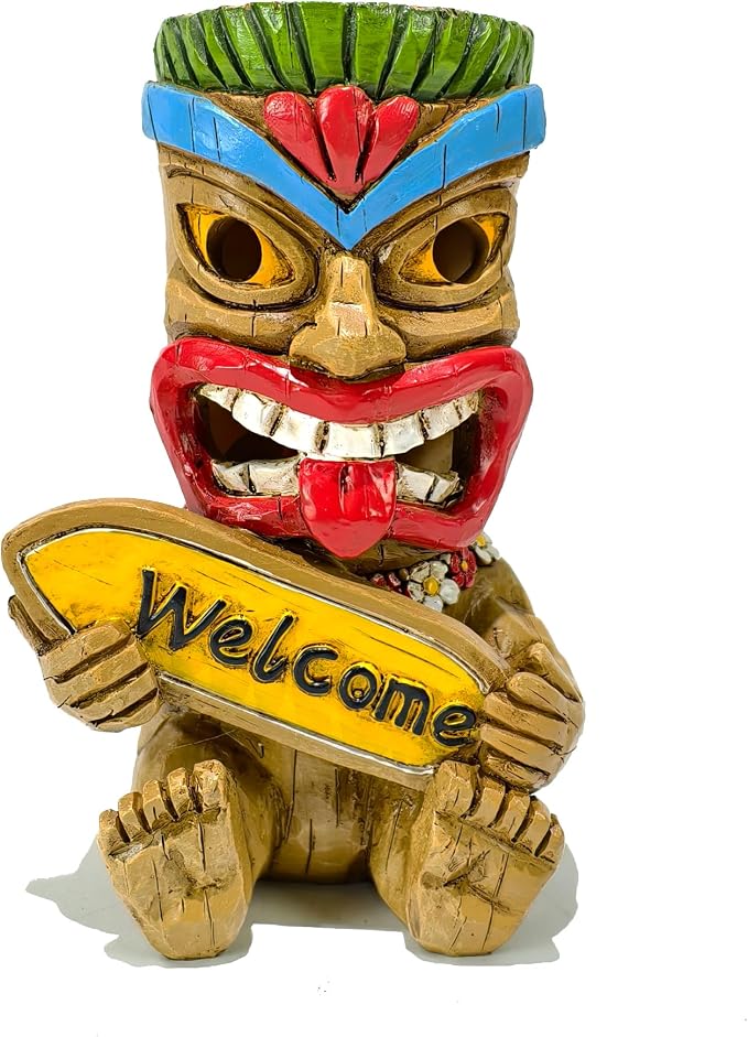Suyorpe ﻿Miniature Tiki Garden Statue Solar Outdoor Decorations - Tiki Bar Welcome Sign Lights for Patio Yard Lawn Ornaments Gifts for Birthday Housewarming Summer 3.2''(W) x 3.4''(D) x 5.9''(H)