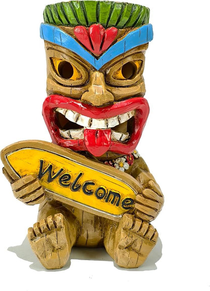 Suyorpe ﻿Miniature Tiki Garden Statue Solar Outdoor Decorations - Tiki Bar Welcome Sign Lights for Patio Yard Lawn Ornaments Gifts for Birthday Housewarming Summer 3.2''(W) x 3.4''(D) x 5.9''(H)