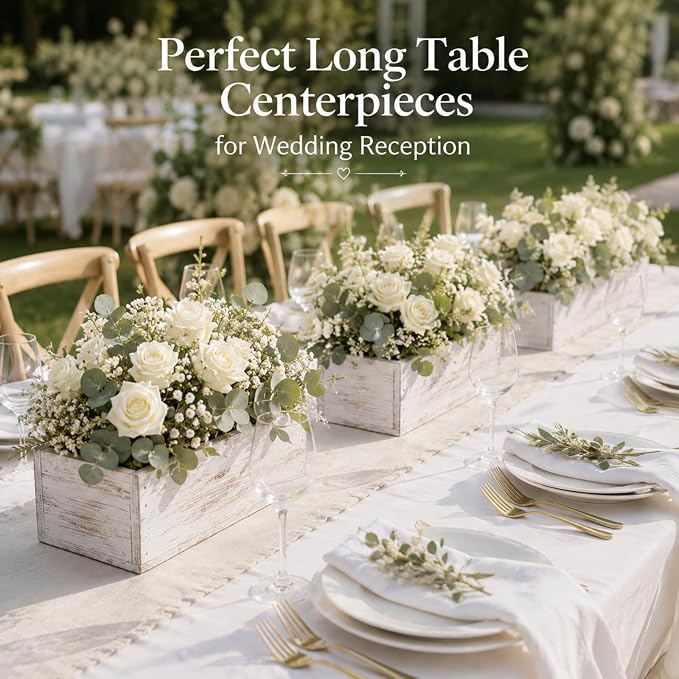 Dandat 6 Set Wood Boxes for Centerpieces 12x4 Inch Rectangle Wooden Planter Box Rustic Wooden Planters with Removable Plastic Liner Floral Foam Blocks for Christmas Wedding Home Garden Decor(White)