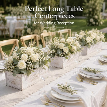 Dandat 4 Set Wood Boxes for Centerpieces 12x4 Inch Rectangle Wooden Planter Box Rustic Wooden Planters with Removable Plastic Liner Floral Foam Blocks for Christmas Wedding Home Garden Decor(White)