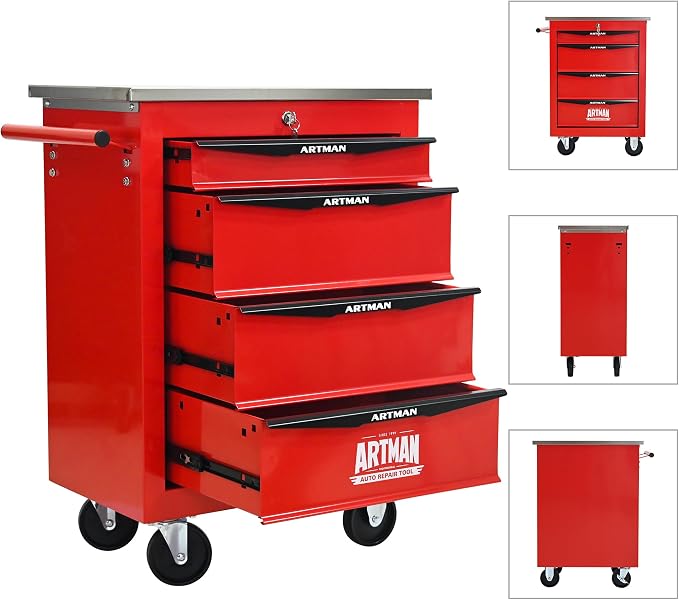 KEIKI 4 Drawers Tool Cart on Wheels,Multifunctional Rolling Tool Chest Tool Storage,Drawers Rolling Tool Trolley Organizer Tool Case for Garage, Warehouse, Workshop, Repair Shop (Red)