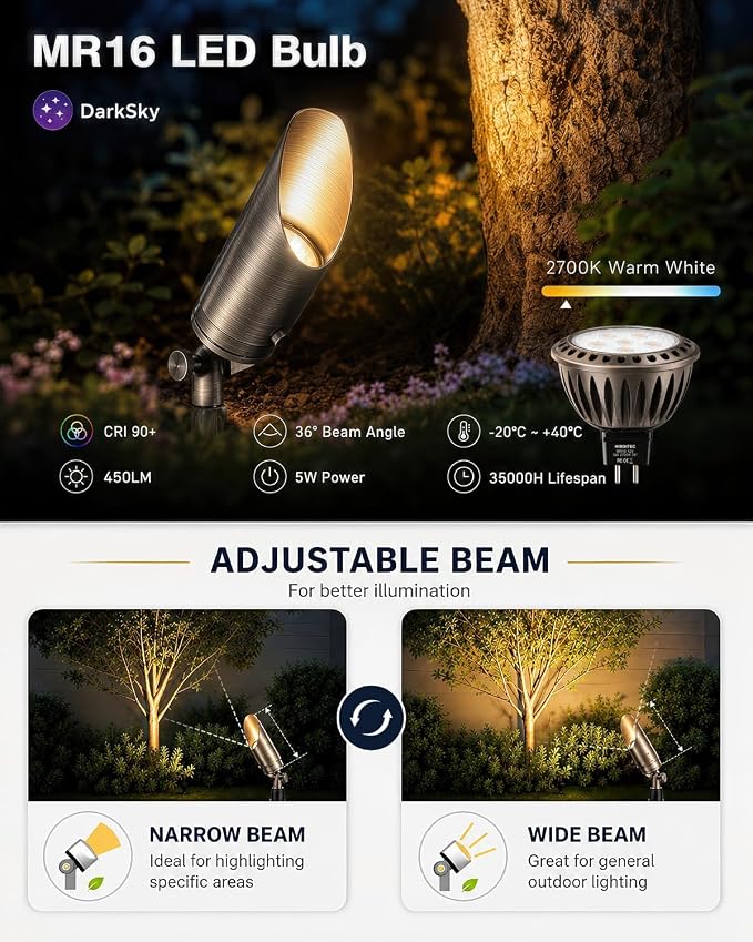 HIBOITEC Solid Brass Outdoor Landscape Spotlights Light Fixture with 5W Aluminum Housing MR16 LED Bulb 2700K 450LM, 12V AC/DC, Low Voltage Outdoor Spot Lighting, Uplight for Garden, 6Pack