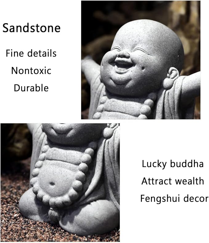 OwMell Japanese Jizo Monk Statue, Buddha Jizo Figurine Memorial Aquarium Statue Ornament - Laughing Buddha