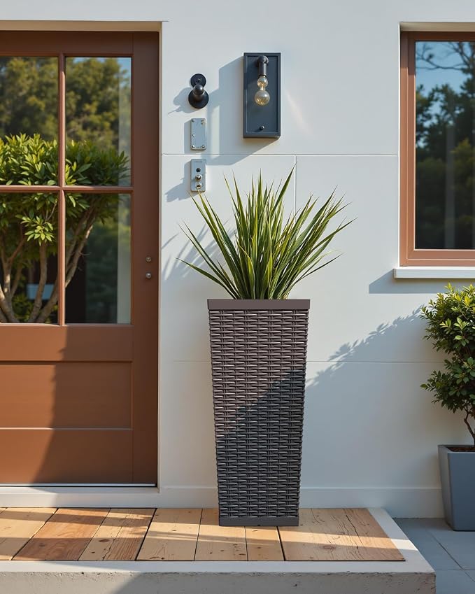 Greesum 24 Inch Tall Plastic Planters with Rattan Texture – Set of 2, Detachable Inner Pot & Drainage Holes, Indoor/Outdoor Decorative Flower Pots for Large Plants, Trees, Patio, and Garden, Brown