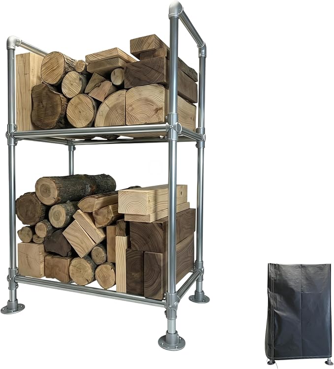 2ft Heavy Duty Firewood Rack with Dual-Tier Structural Design | Constructed with Galvanized Steel Pipes and Featuring a Firewood Rack Cover,Load-bearing Capacity 1,000 lbs,Indoor/Outdoor