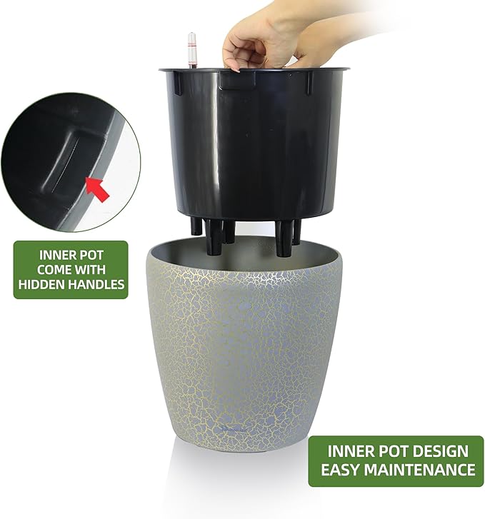 Dexceder 9x8 Self Watering Planter (Grey Gold Crackle) | Inner Pot Design, Thickened Table Flower Plant Pot with Water Level Indicator Indoor Outdoor