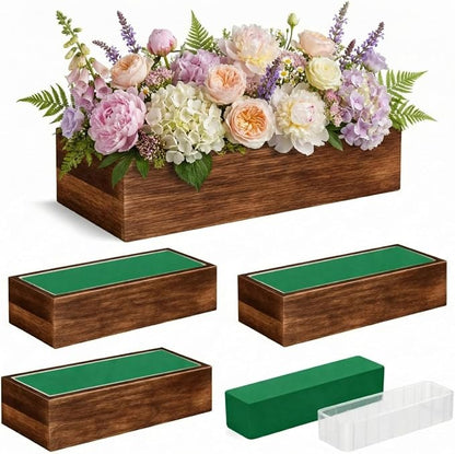 Dandat 4 Set Wood Boxes for Centerpieces 12x4 Inch Rectangle Wooden Planter Box Rustic Wood Planter with Removable Plastic Liner Floral Foam Blocks for Centerpieces Home Wedding Garden Decor