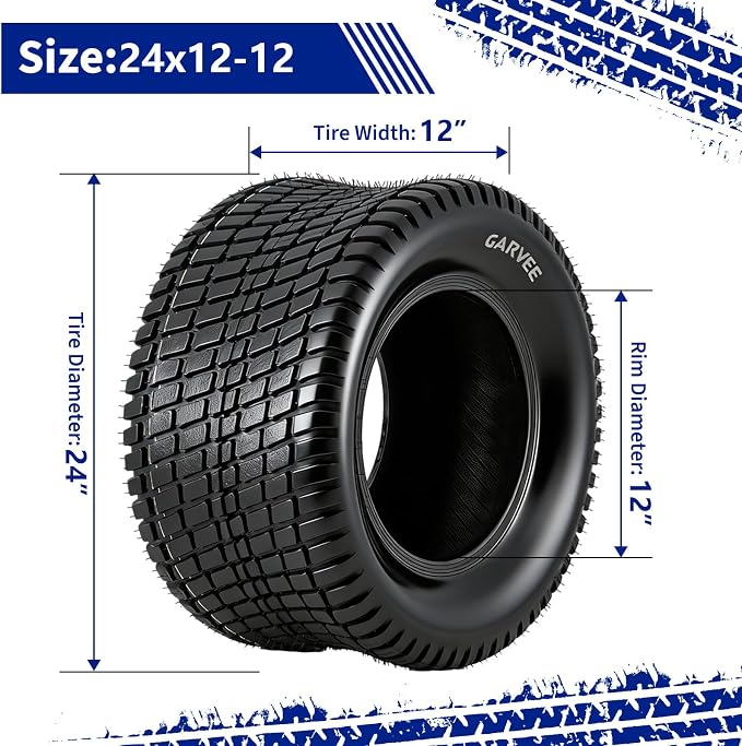 GarveeLife 24x12-12 Lawn Mower Tires (Set of 2) - 24x12x12 4-Ply Tubeless Garden Tractor Turf Tires, 1700 LB Load Capacity, 20 PSI, for Mowers & Yard Carts