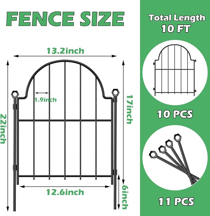 Blingluck Decorative Garden Fence, 17 in(H) x 10.83 ft(L) Arched Rustproof Metal No Dig Fence Garden Fence Border, Ground Stake Animal Barrier Fence for Rabbit Dog, Outdoor Decor for Yard & Patio