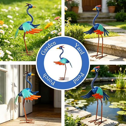 Metal Wacky Heron Garden Statue for Patio, Backyard, Lawn | 19‘’ Crane Garden Decor for Outside, Waterproof Bird Yard Art, Blue & Cyan