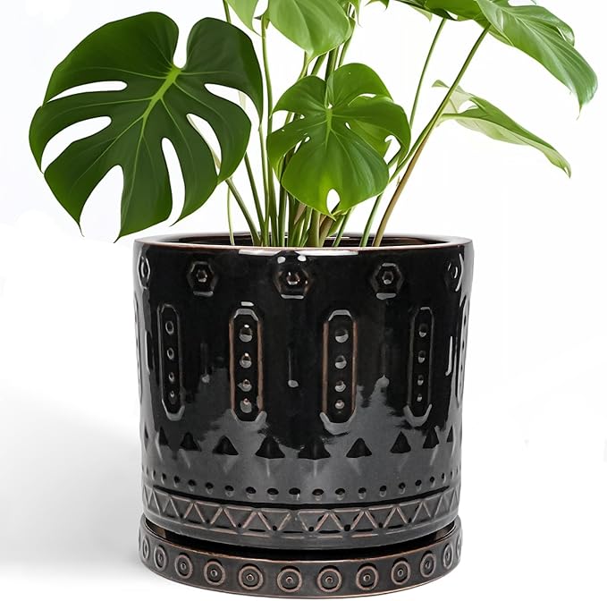 Eightpot Ceramic Planter for Indoor Plants - 10 Inch Plant Pots with Drainage Hole and Saucer, Round Decorative Flower Pots Outdoor, Boho Large Planter, Room Decor, House Warming Gifts, Black