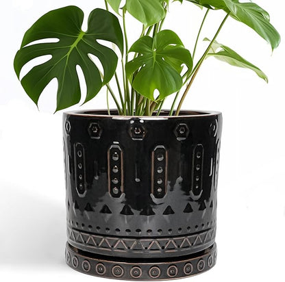 Eightpot Ceramic Planter for Indoor Plants - 10 Inch Plant Pots with Drainage Hole and Saucer, Round Decorative Flower Pots Outdoor, Boho Large Planter, Room Decor, House Warming Gifts, Black