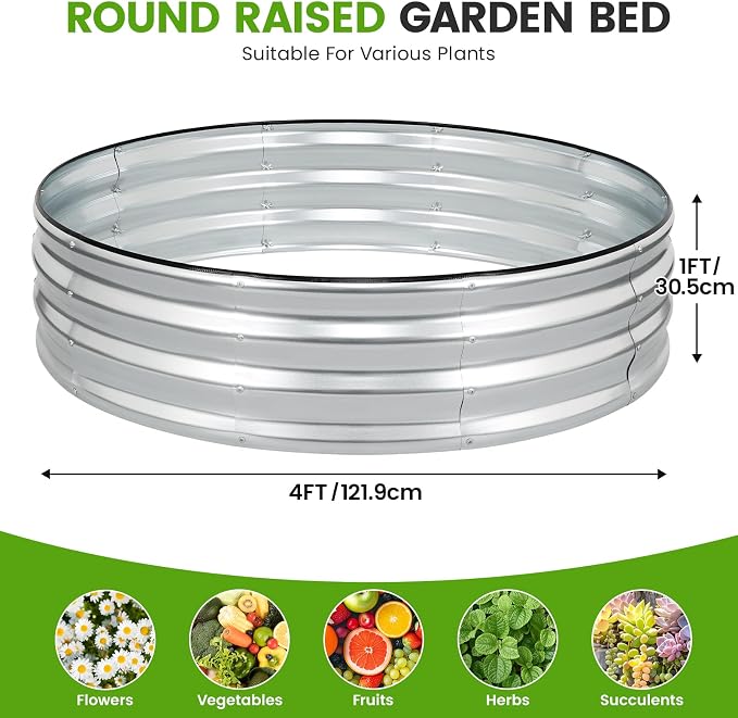 Galvanized Raised Garden Bed Outdoor | 4x4x1ft Metal Raised Beds for Gardening with Safety Rubber Strip | Round Planter Box for Plants Like Vegetables Fruits Flowers, Silver
