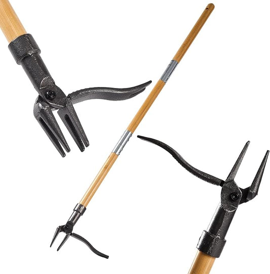 Weeder - Stand Up Weed Puller Tool Made with Long Handle - Real Bamboo & 4-Claw Steel Head, Easily Remove Weeds Without Bending, Pulling, or Kneeling.