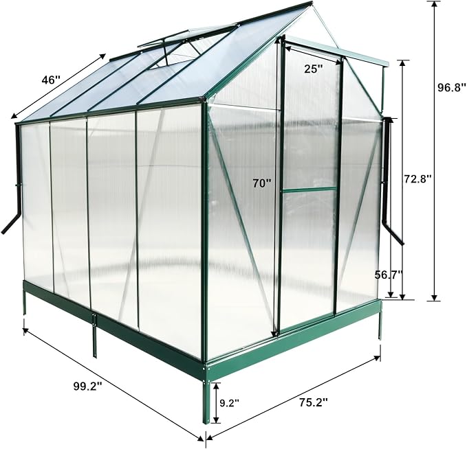 6x8 FT Greenhouse, Walk-in Polycarbonate Greenhouse, Heavy Duty Aluminum Outdoor Green House Kit with Sliding Door, Roof Vent, Rain Gutter for Backyard Garden All Season Growing, Green