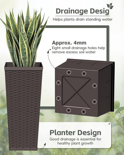 Greesum 30 Inch Tall Plastic Planters with Rattan Texture – Set of 2, Detachable Inner Pot & Drainage Holes, Indoor/Outdoor Decorative Flower Pots for Large Plants, Trees, Patio, and Garden, Brown