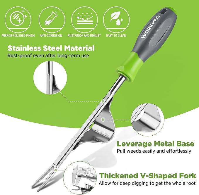 WORKPRO Weed Puller Tool, Metal Leverage Base and V-Shaped Forks | Heavy Duty Stainless Steel with Soft Handle for Easy Weed Removal and Deeper Root Digging, Manual Hand Weeder for Gardening