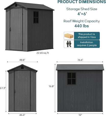 Greesum 4x6FT Plastic Storage Shed with Floor, Resin Outdoor Storaged Sheds with Lockable Door, All Weather Tool Shed with Window and Vent, Easy Assembly for Garden, Patio, Yard, Dark Gray
