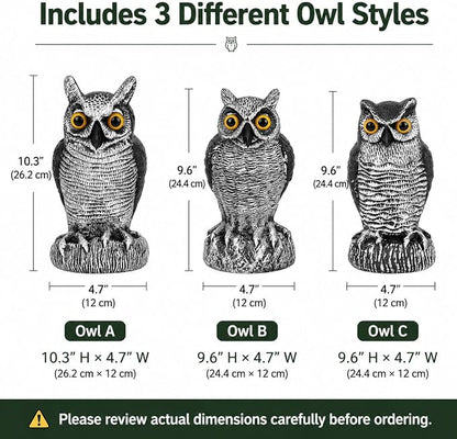 3-Pack Owl Decoys for Bird Deterrent - Weatherproof Bird Repellent Devices for Outdoor Use - Plastic Owls to Scare Birds Away and Control Garden Pests