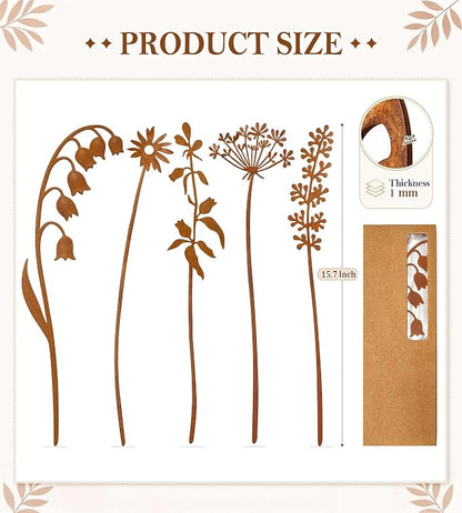 VIS'V Decorative Garden Stakes, Metal Flower Plant Yard Art Stakes, 5 Pcs | 15.7 In Length, Pre-rusted Finish, Rusty Art Decor for Outdoor Indoor