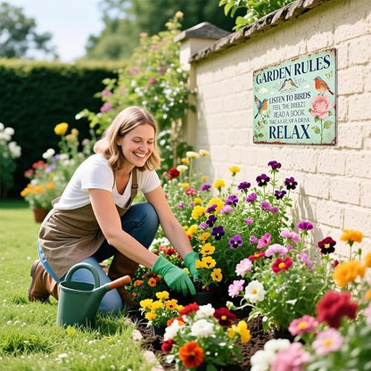 Garden Rules Metal Tin,Relaxing Outdoor Sign | Funny Wall Art for Outdoor Garden Porch Patio Yard Backyard Wall Decor,Gardening Gifts for Women