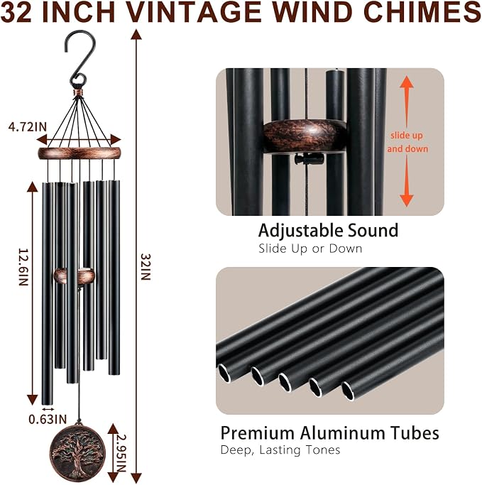 Wind Chimes for Outside, Vintage Tree of Life Deep Tone Wind Chime Outdoor Clearance, Memorial/Festivals/Birthday Gift for Mom Dad Women Grandma, Garden Porch Patio Decor (32" Tree of Life)