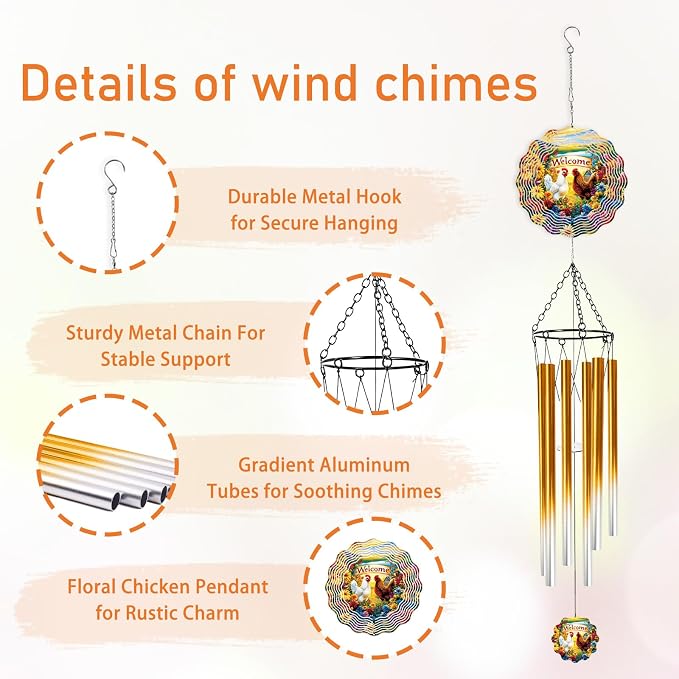 Chicken Wind Chimes for Outside with Wind Spinner, Summer Garden Patio Yard Porch Decor, Floral Hen Wind Chime with Gift Box, Summer Birthday Housewarming Gifts for Women Grandma Nana