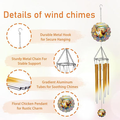 Chicken Wind Chimes for Outside with Wind Spinner, Summer Garden Patio Yard Porch Decor, Floral Hen Wind Chime with Gift Box, Summer Birthday Housewarming Gifts for Women Grandma Nana
