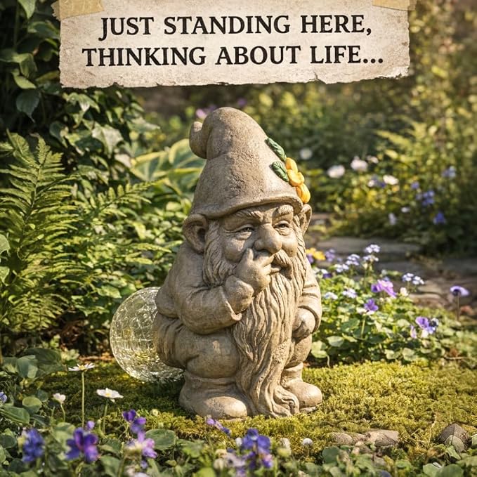 Funny Garden Gnomes Outdoor, Quirky Gnome Statue with Solar Powered for Yard Patio Lawn, Unique Gnomes Gift for Friends Garden Lovers