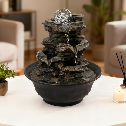 Tabletop Waterfall Fountain with Cascading Rock & Spining Orb, Indoor Zen Meditatin Waterfall for Home Office Relaxation