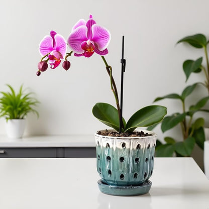 Orchid Pots 4.9 inch Ceramic Orchid Pots with Holes Set of 2 Cream Over Turquoise