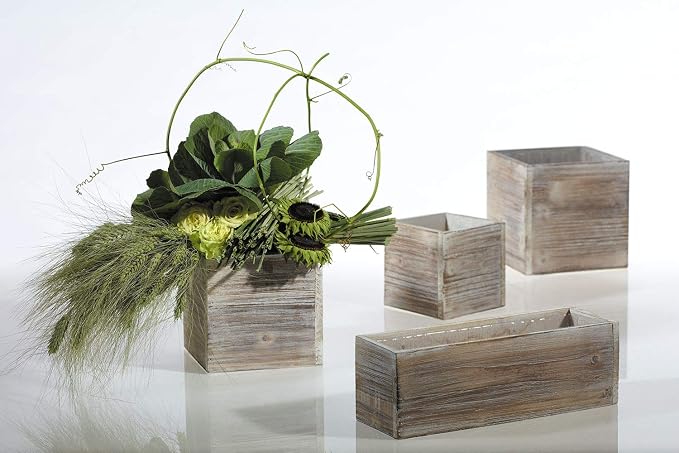 Wood Planter Box Set, Rustic Whitewash, Plastic Liners, 5 Inch Square Flower Holder, Natural Barn Wood Decor, Country Style, Home and Wedding Decorations, Garden Ornaments, (Beige Brown) (Set of 4)