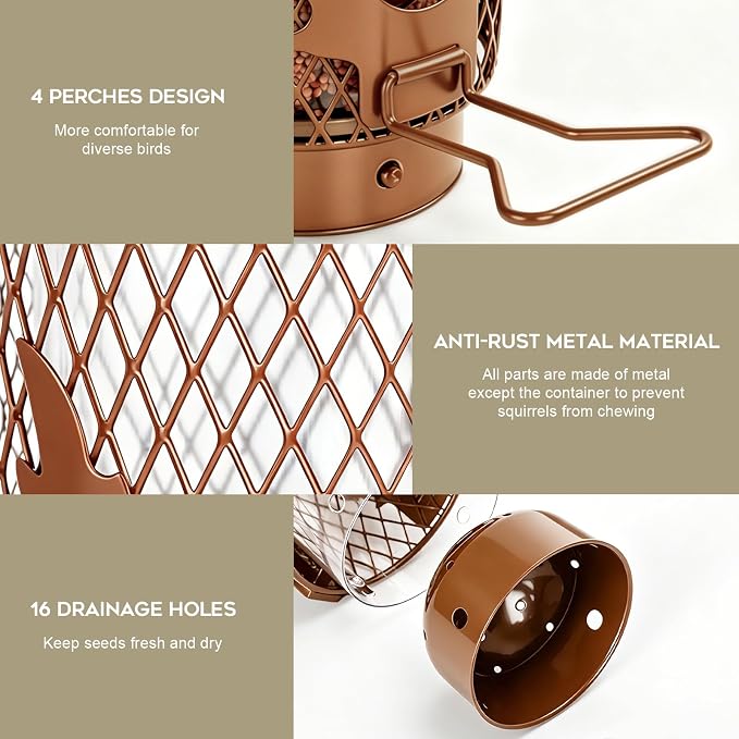 Gbekery Squirrel Proof Bird Feeders for Outdoors Hanging, Brown | Metal Wild Bird Feeders for Small Birds with Weight Activated Perches, Weatherproof and Durable, Perfect for Backyard Garden