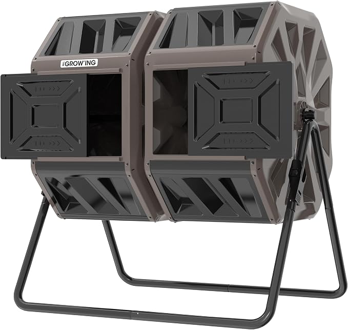 THE Growing 53 Gallon Large Outdoor Compost Bin Tumbler Barrel, Brown | Dual 26.5gal landscape-blending chambers for bulk waste. Reinforced frame adds stability. Easy bolt outdoor yard assembly.