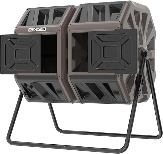 THE Growing 53 Gallon Large Outdoor Compost Bin Tumbler Barrel, Brown | Dual 26.5gal landscape-blending chambers for bulk waste. Reinforced frame adds stability. Easy bolt outdoor yard assembly.