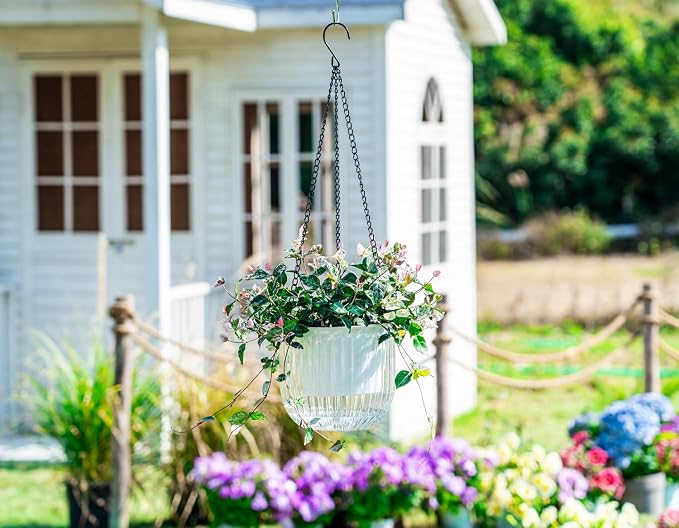 Melphoe 2 Pack Self Watering Hanging Planters Indoor Flower Pots, 6.5 Inch Outdoor Hanging Plant Pot Basket, Plant Hanger with 3Hooks Drainage Holes for Garden Home
