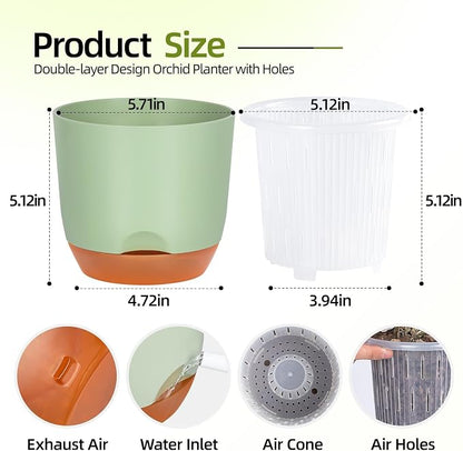 QCQHDU 5.7Inch Orchid Pots with Holes for Repotting, Double-Layer Plastic Self Watering Flower Pots for Indoor Plants with Drainage Holes, Clear Orchid Pot Match Decorative Orchid Container, 3 Packs